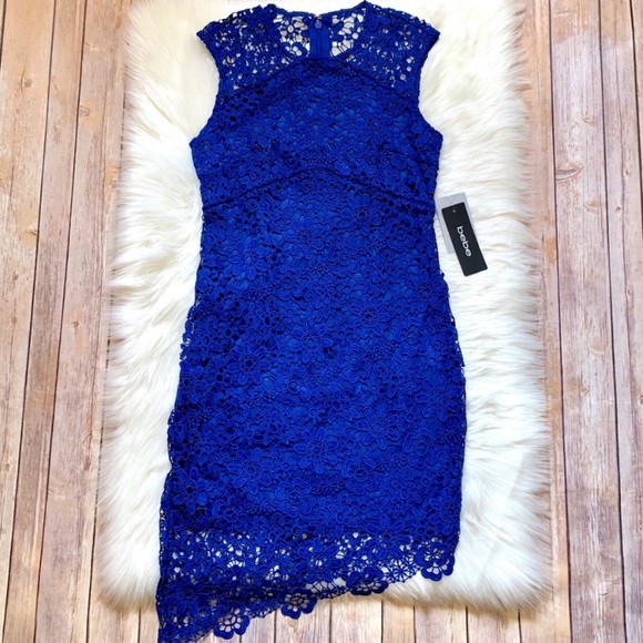 Bebe Lace Sleeveless Asymmetrical Cobalt Dress - Picture 2 of 5